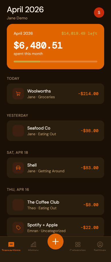 Transactions screen — track spending together